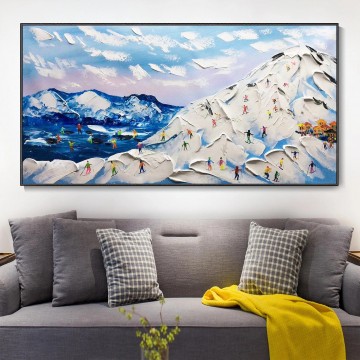 Impressionismus Werke - Skifahrer auf Schneebedeckter Berg Wandkunst Sport Weißer Schnee Skifahren Zimmerdekoration von Messer 14